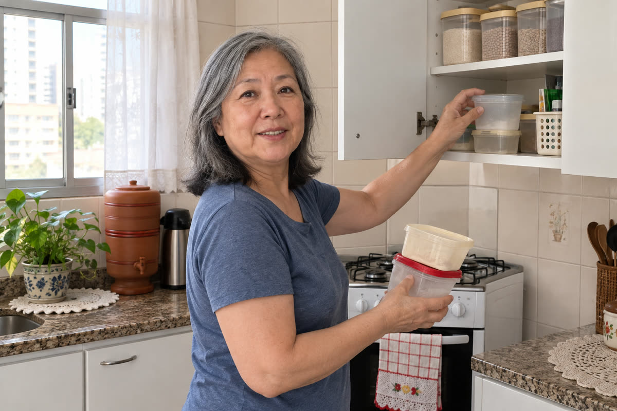 Emiko organizando o armário da cozinha